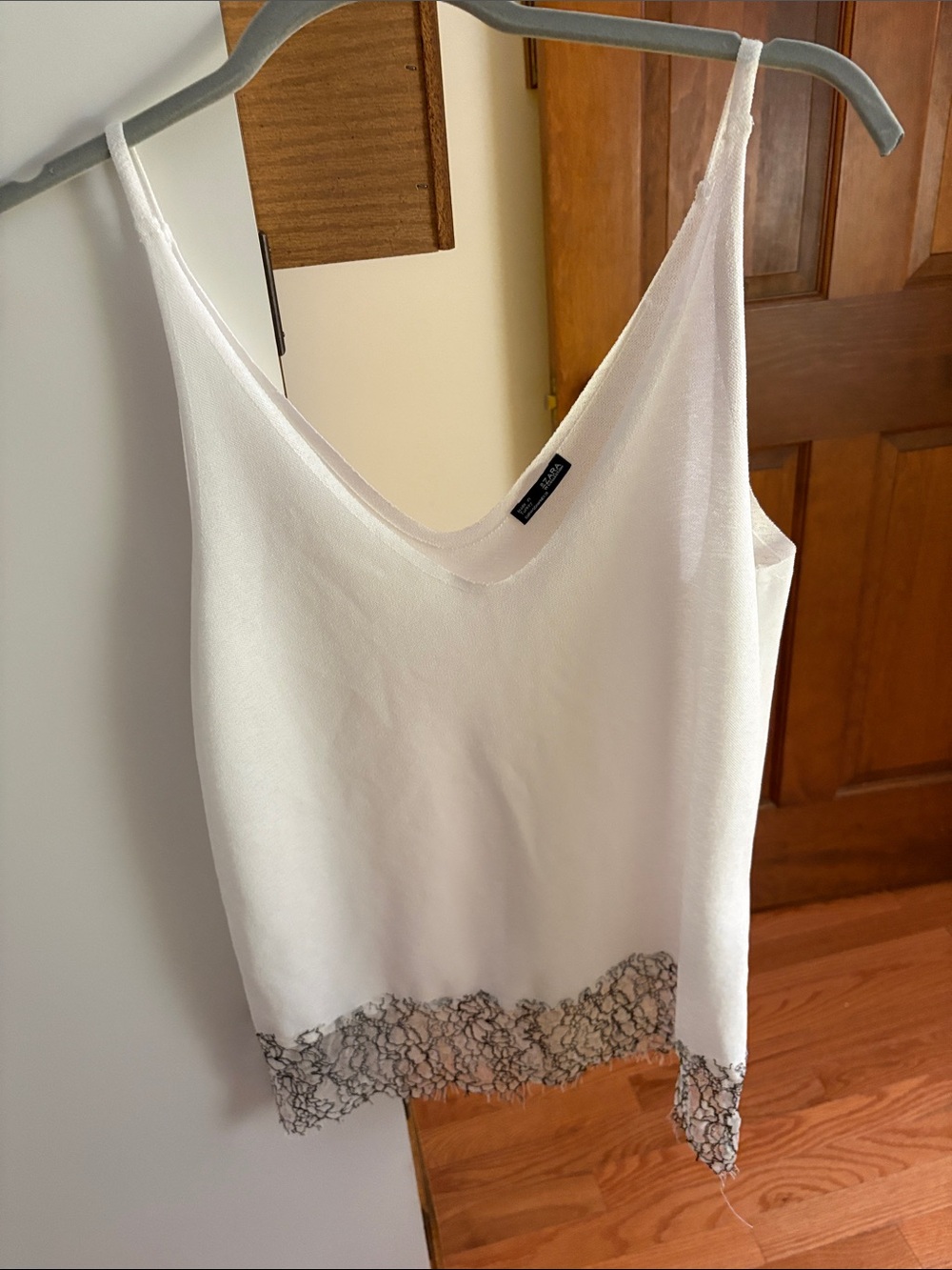 Zara White V-Neck Cami with Black Lace Trim